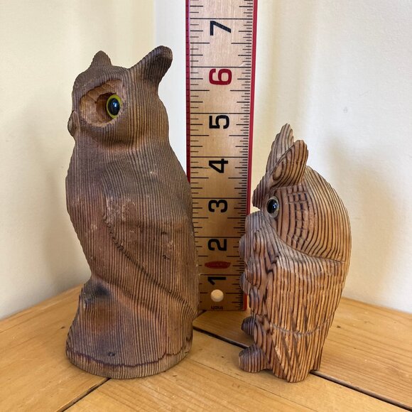 Carved Wooden Owl Figures Hand made Japan & Canada Set of 2 Bird Kadian Crafts - Picture 2 of 8